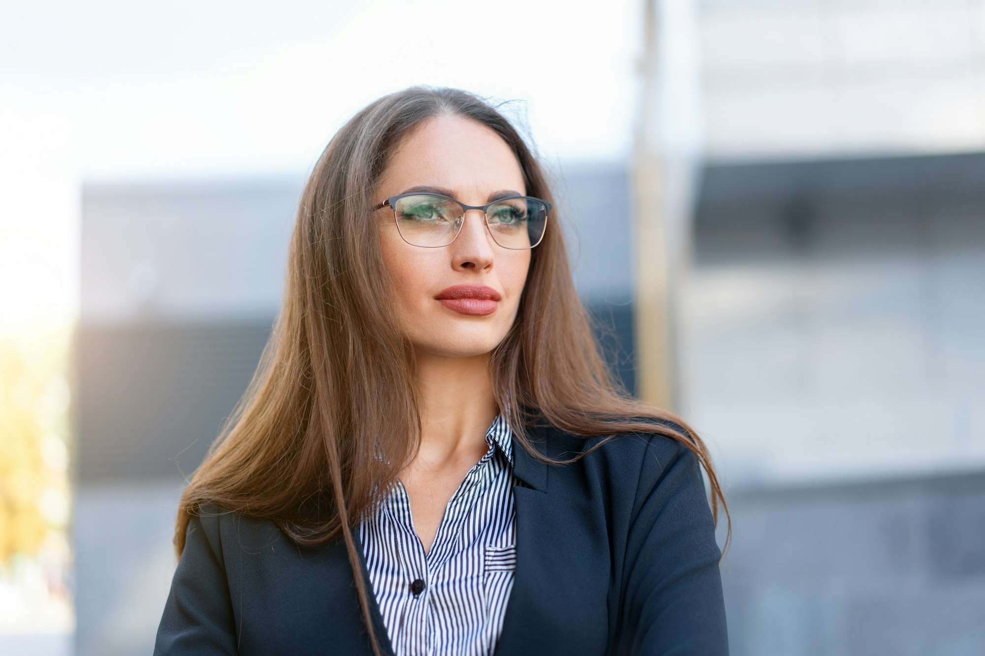 Business woman dressed jacket eyeglasses standing outdoor Business portrait